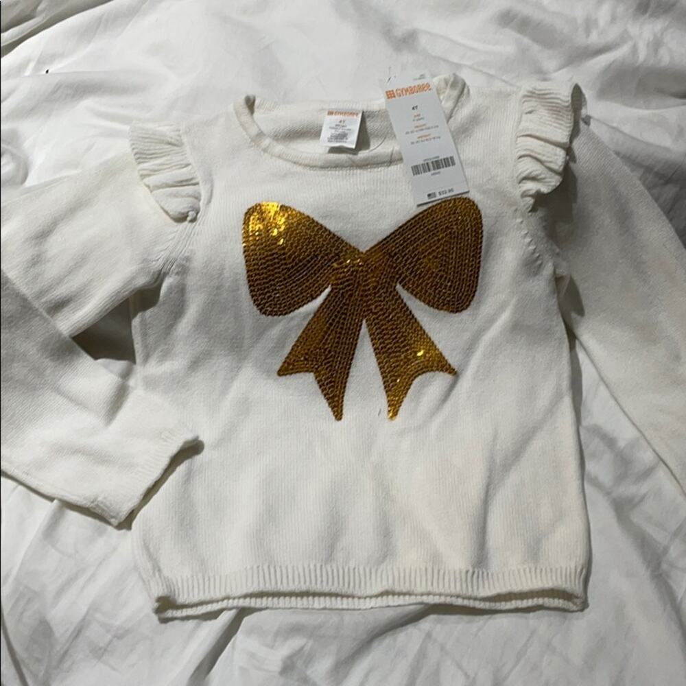 Gymboree 4 cream gold bow sequin sweater NWT preppy cotton ruffled shoulder